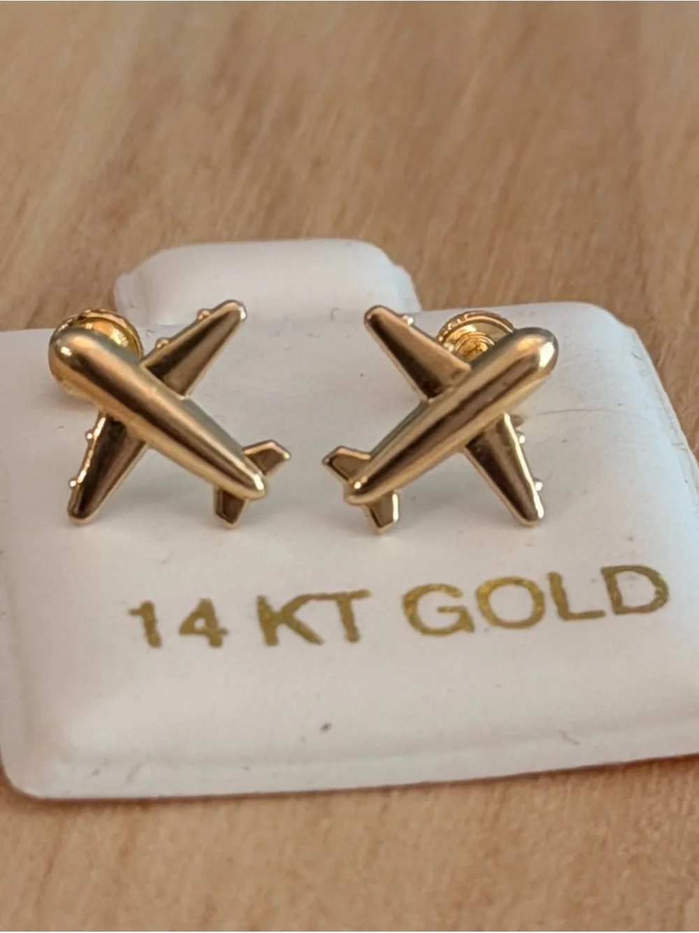 14K Solid Gold Airplane Earring With Screw Back Bell Backing Ball